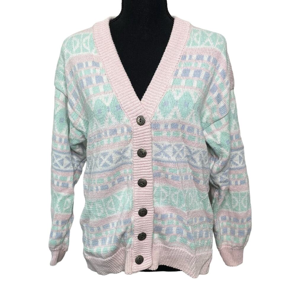 VTG Middlebrook Park V-Neck Button Up‎ Knit Cardigan Sweater 90s Granny Pastel M